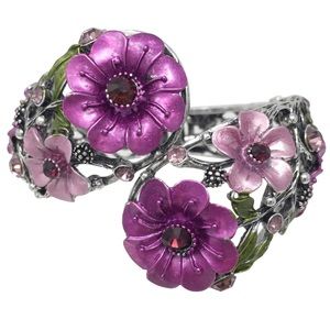 Purple Flowers Rhinestone Silver Chunky Statement Large Hinged Bangle Bracelet
